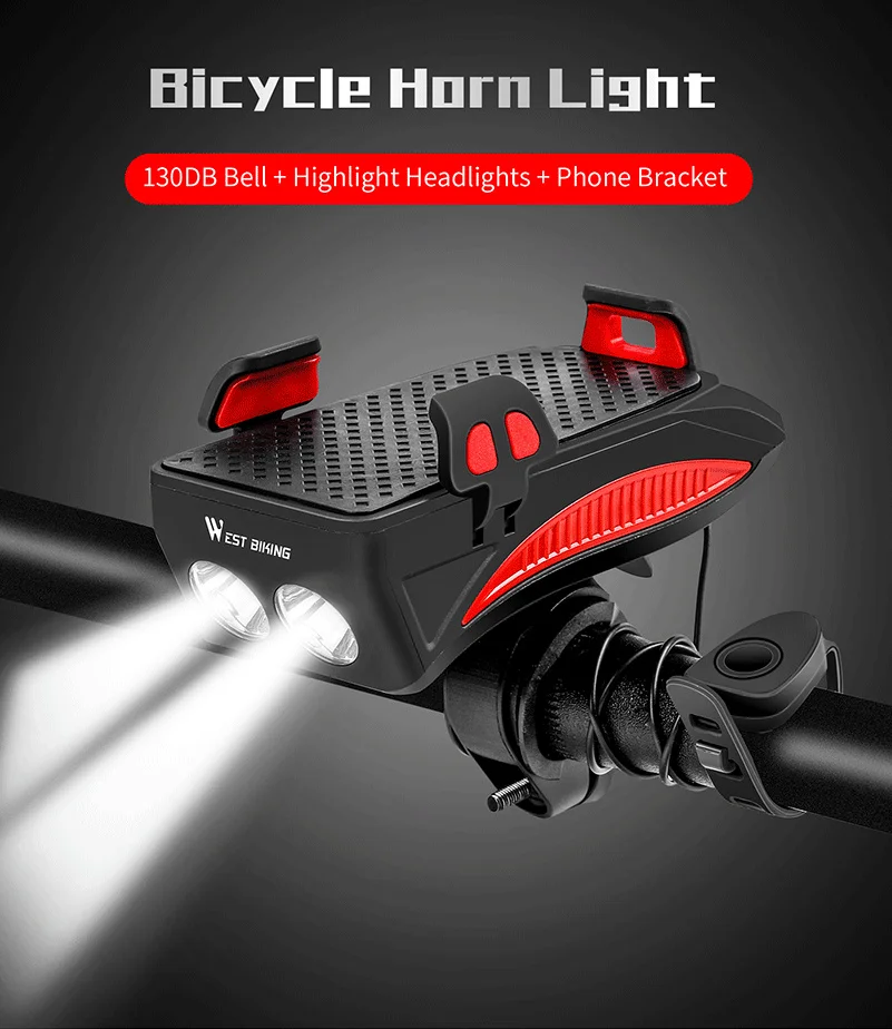 Top WEST BIKING Multifunction 4 IN 1 Bike Light  400 Lumens Bike Flashlight Bike Horn Phone Holder Power Bank Bicycle Front Light 0