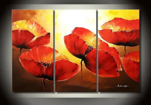 Large red poppy flower 3 piece canvas wall art abstract oil paintings