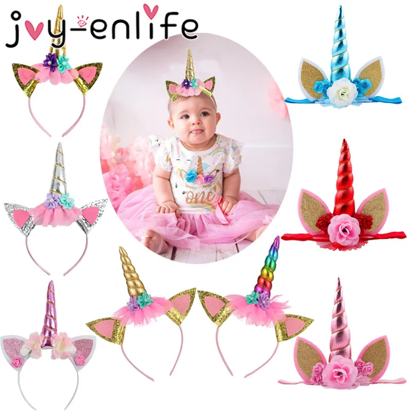 

JOY-ENLIFE Girl Birthday Unicorn Horns Flower Headband Baby Shower Decor Party Headwear Kids Party Hair Decor Hairbands Supplies