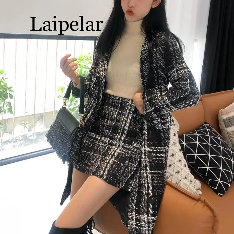 

Laipelar women black white plaid tweed button coat mini skirt zipper pencil 2 two pieces set elegant winter notch collar