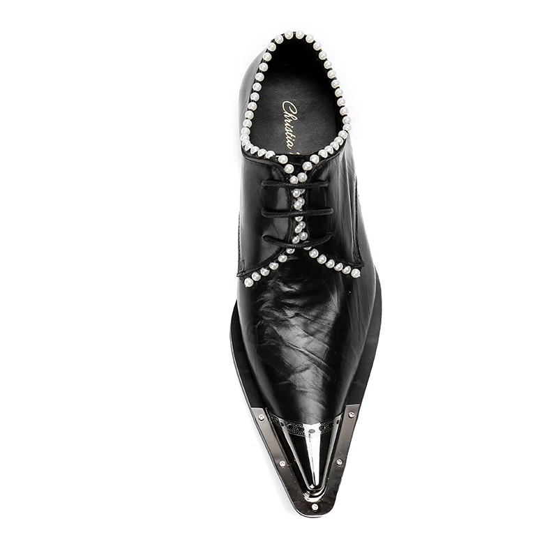 Christia Bella/модные роскошные дизайнерские мужские туфли с жемчугом; черные свадебные вечерние туфли на шнуровке с металлическим наконечником; мужские оксфорды размера плюс