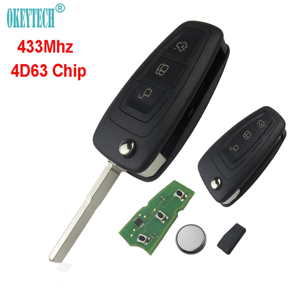 Tanie Okeytech 3 przycisk odwróć składany pilot Auto klucz samochodowy 433Mhz 4D63 Chip dla Ford Focus Mk1 Mondeo Transit Fiesta HU101 ostrze