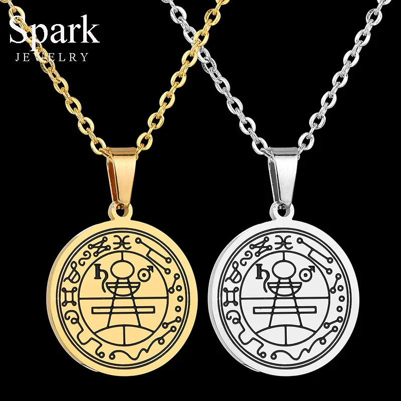 

Spark Vintage Solomon Seal Amulet Necklace Stainless Steel Coin Hermetic Runes Statement Necklace For Men Christmas Gift Collar