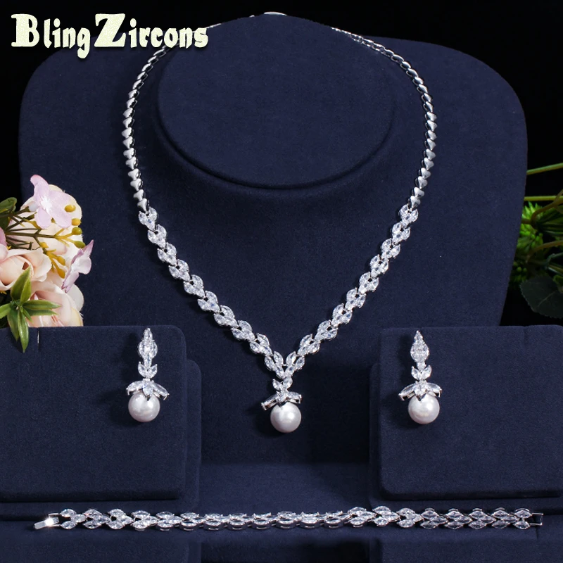 

BeaQueen Exclusive 3 Pcs Cubic Zircon Crystal and Pearl Earring Necklace Bracelet Wedding Party Jewelry Set for Women JS104