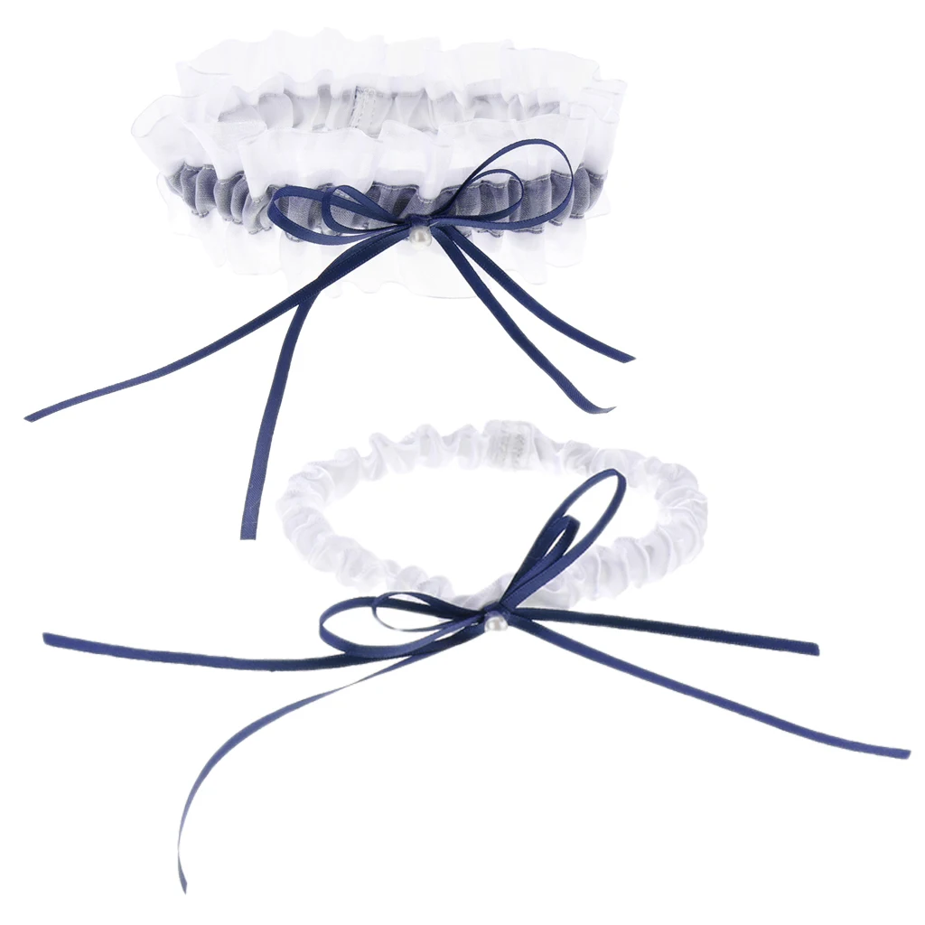 2pcs Elegant Bridal Garter Set Pearls Bow Satin Ribbon Garter Throwaway Toss Keepsake Wedding Accessories