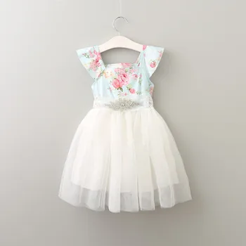 

2017 Girls Flower Print Princess Dresses Kid Summer Dress With Dismond Belt Sweet White Ball Gown For Child