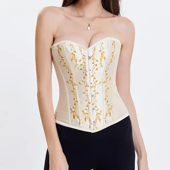 

Beige/Gold Leaf Floral Embroidered Satin Corsage Gothic Burlesque Corset Sexy Espartilhos E Bustiers Victorian Korsett For Women