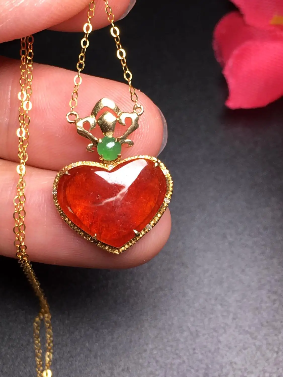 

706 Fine Jewelry Pure 18K Yellow Gold Diamonds Burmes Origin Buddha Natural Red Jade Female's Women Pendants Necklaces