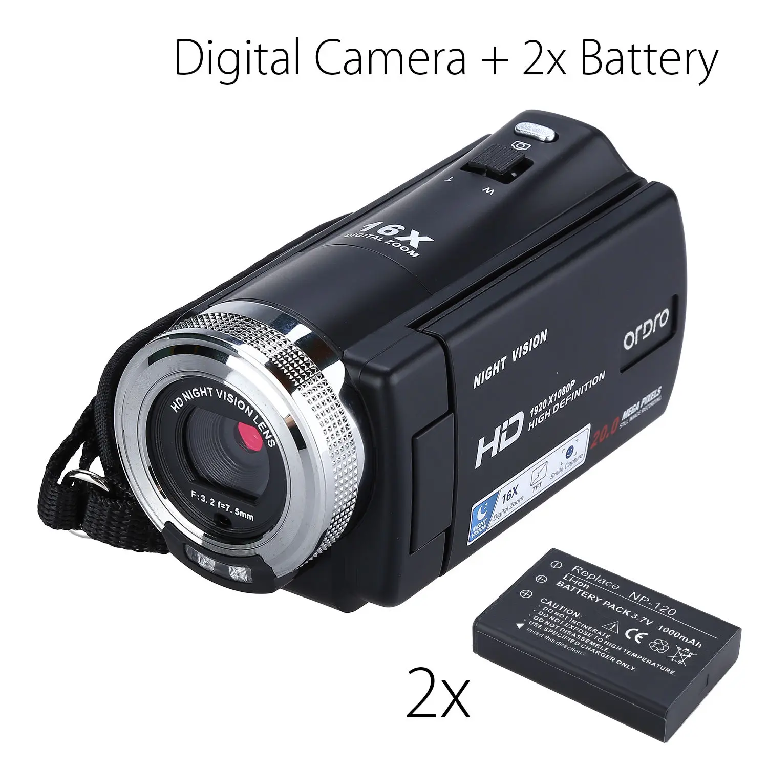 

ORDRO HDV-V12 3.0" LCD 1080P FHD Digital Camera Camcorder 16x Zoom DVR IR Night Vision CMOS Sensor Microphone+2pcs Battery