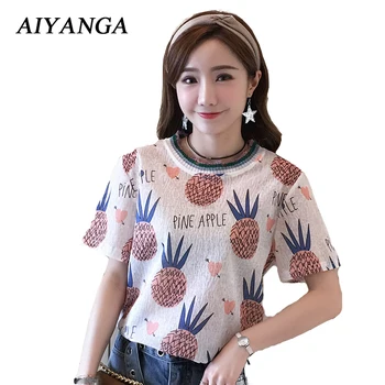 

2018 Summer Women T-shirts pineapple Print O Neck Short Sleeve Pullovers T-shirts Loose Female Casual Tees Fashion Tee Shirts