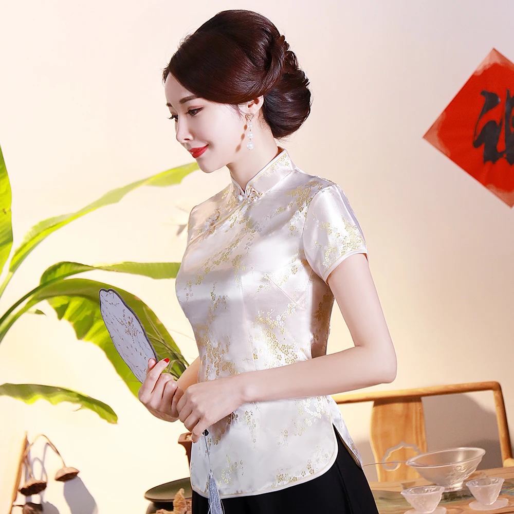SEXY Flower Women Vintage Satin Blouse Oversize 3XL 4XL Lady Shirt Chinese Traditional Clothing Summer Short Sleeve Tops 04310