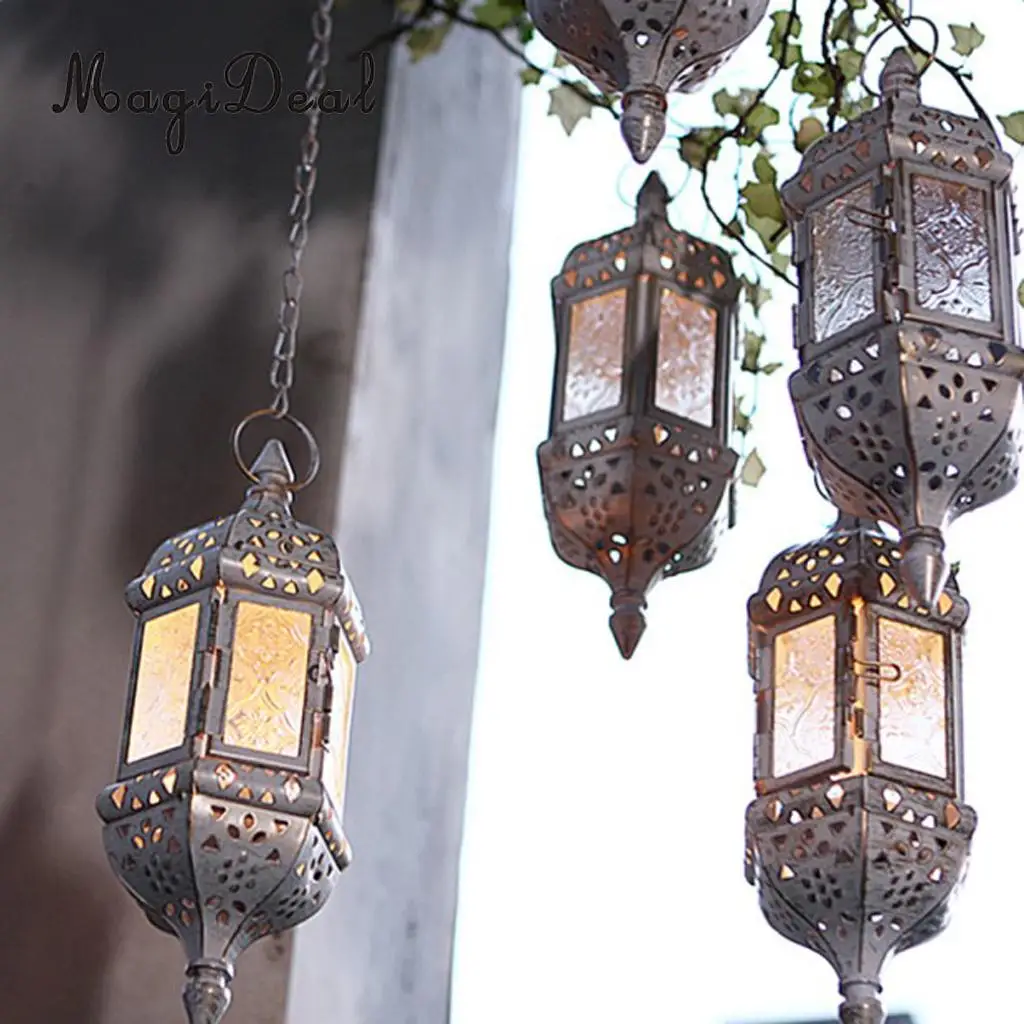 2 шт., стеклянный подвесной марокканский светильник-свеча, ветровая лампа, подсвечник с железной цепью 66 см
