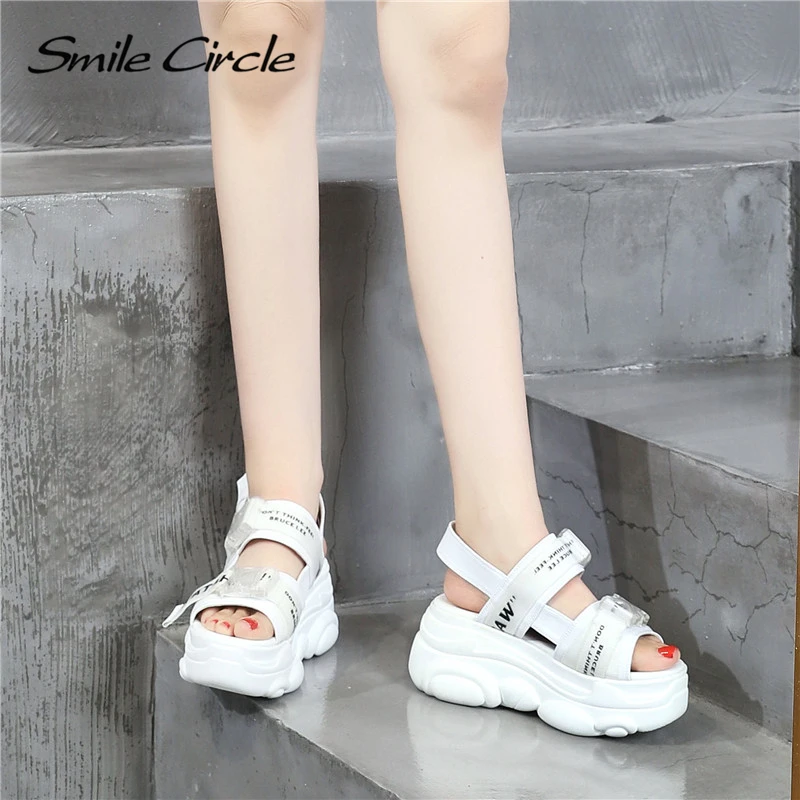 Smile Circle chunky sandals women fashion Ribbon Thick bottom Flat platform sandals women summer Shoes