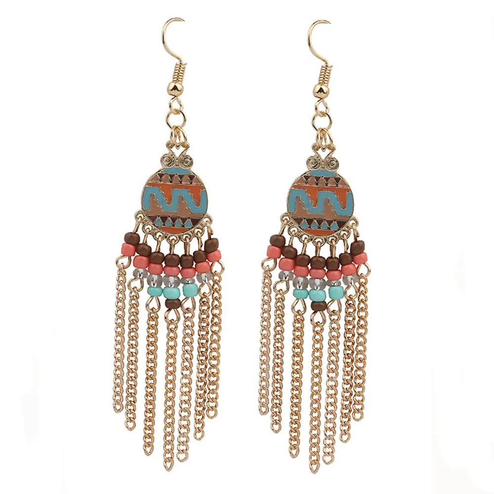 Gold Color Bohemia Roman Style Metal Tel Colorful Resin Beads Gold Color Bohemia Roman Style Metal Tel Colorful Resin Beads Retro Pattern Drop Earrings For Women Skirt Accessories In From Jewelry