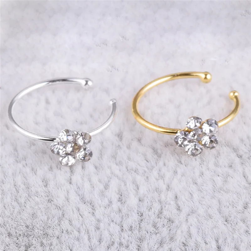 

1 pcs Stainless Steel Circular Nose Ring Circular Punk Small Thin Clear Rhinestone Flower Lip Ear Nose Clip On Fake Piercing