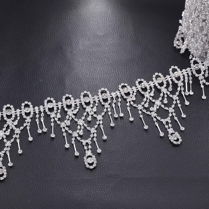 Crystal silver rhinestone clothing appliques tassel trimming (1)