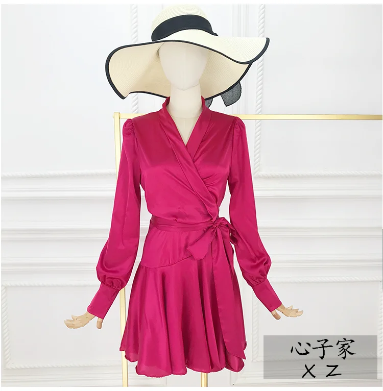 

2018 Autumn Long Sleeve V Neck Lace Up Waist Satin Dresses Women Sexy V Neck Long Sleeve Wrap Dresses Lady A-line Satin Dresses