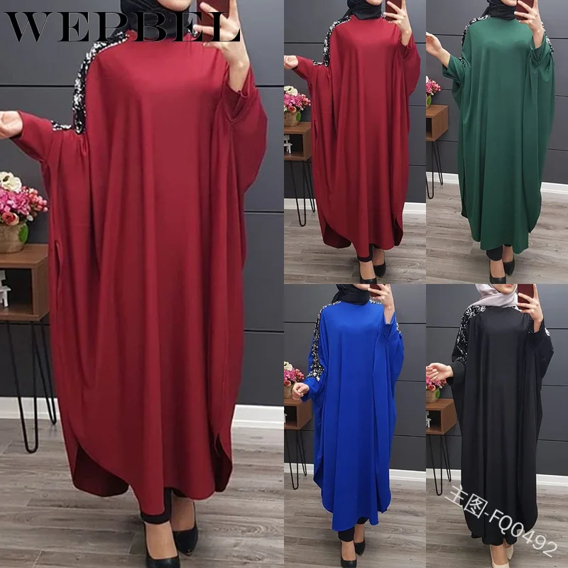 

WEPBEL Women Sequin Dress Abaya Dubai Islamic Muslim Party Arabic Fashion Kimono Long Maxi Dress