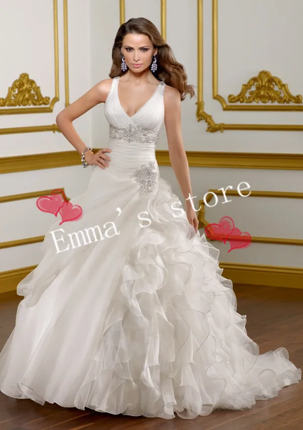 

MORI-Free Shipping Custom Made 2013 Fashion A-Line V-Neck Floor Length Ruffled Applique Ball White Wedding Bridal DressesBride
