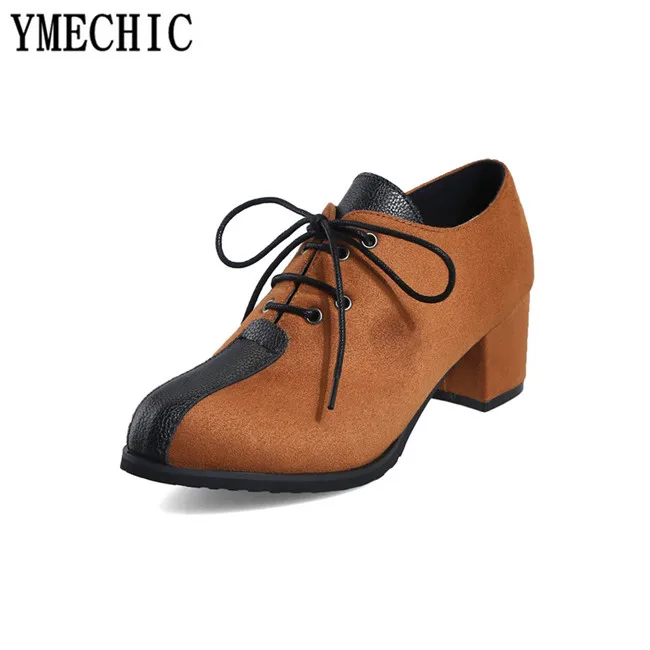 YMECHIC/2018 Осенняя обувь на блочном каблуке Туфли гладиаторы из флока шнуровке