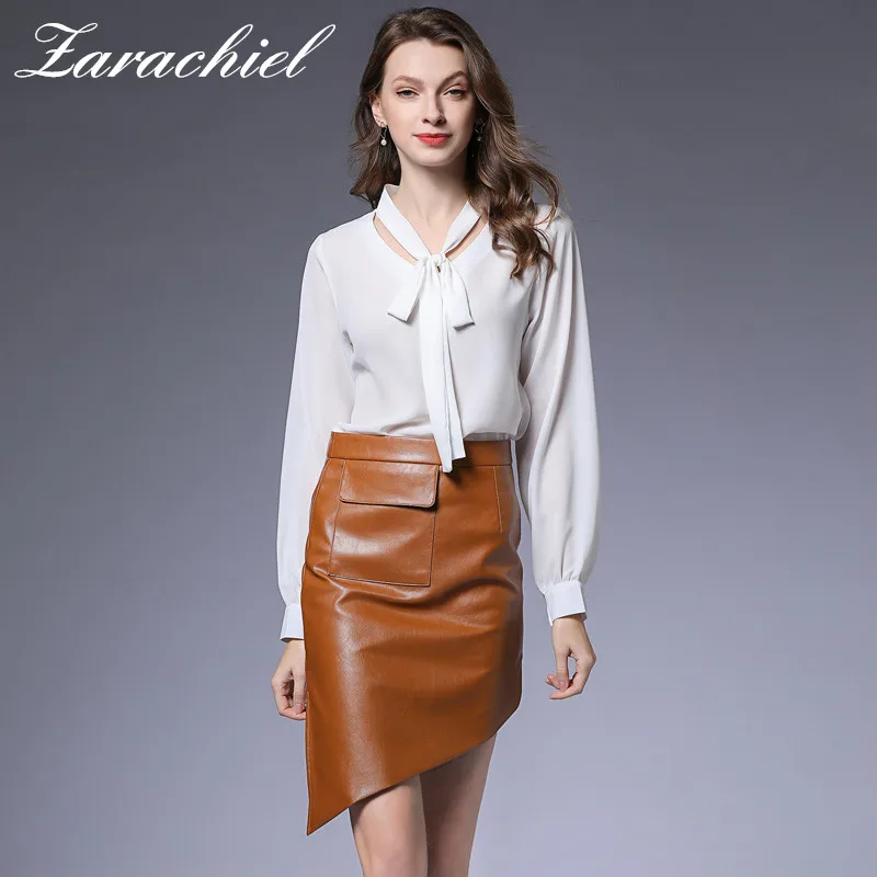 

Women Bow Tie Collar Chiffon White Shirt Top + Asymmetric PU Leather Skirt Set 2019 Summer Office Lady 2 Piece Set Clothing