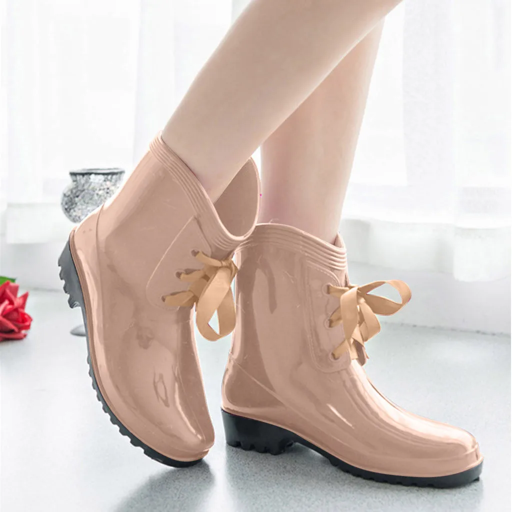 

Women Rain Boots PVC Low-Heeled Middle Tube Ankle Boots For Women Solid Color Lac-Up Waterproof Water Shoes Chaussures Femme