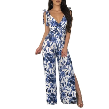 

Flower Print Backless Sleeveless Jumpsuit Elegant 2018 New Women Deep V Neck Split High Waist Wide Leg Jumpsuit