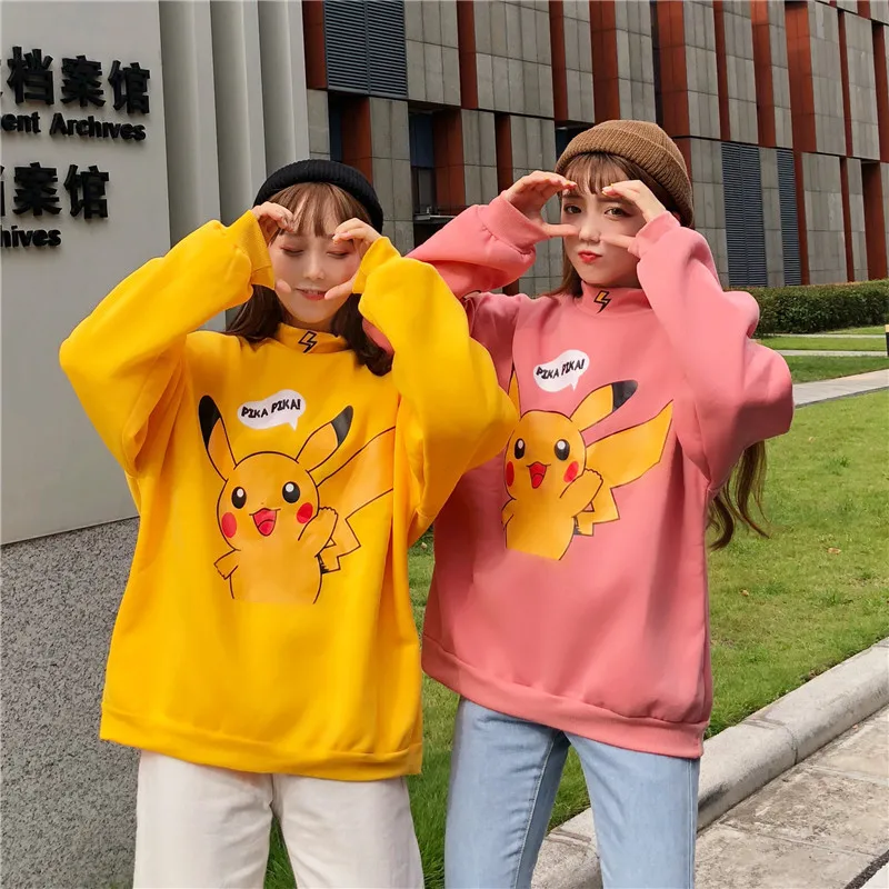 

2019 Autumn Women Hoodies Turtleneck Pikachu Cartoon Print Sweatshirts Fashion Cute Pullover Tops