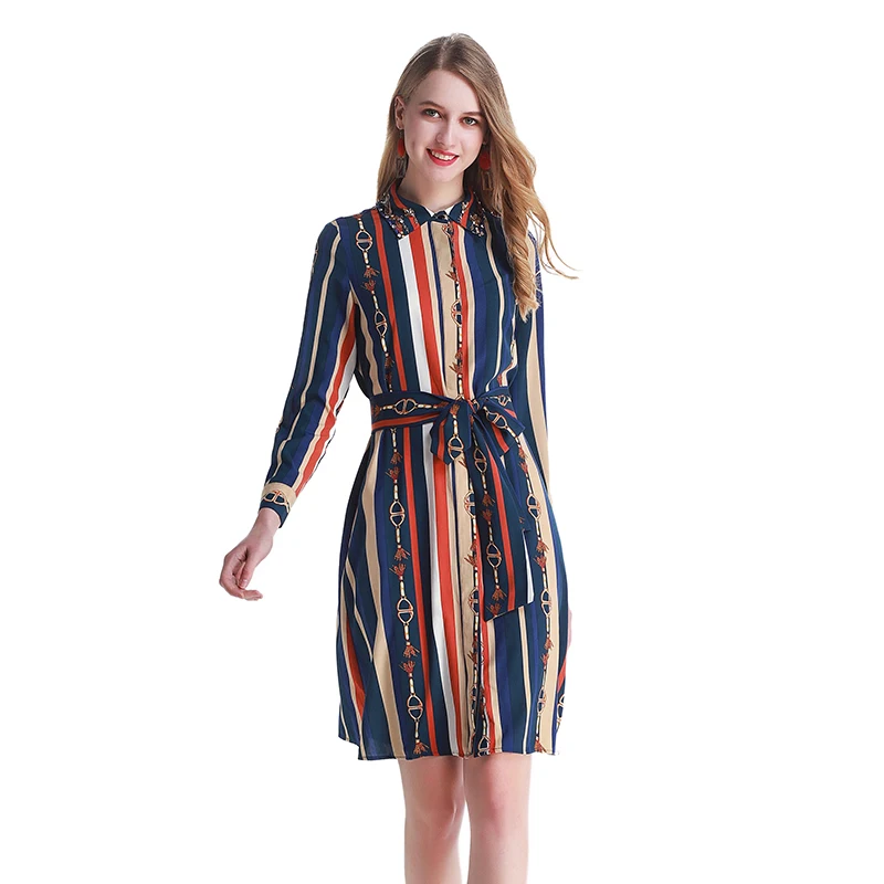 

2019 Women Dress Spring Autumn Summer Long Sleeve Runway Dress Beading Stripe Print Slim Elegant Female Mini Vintage Dresses
