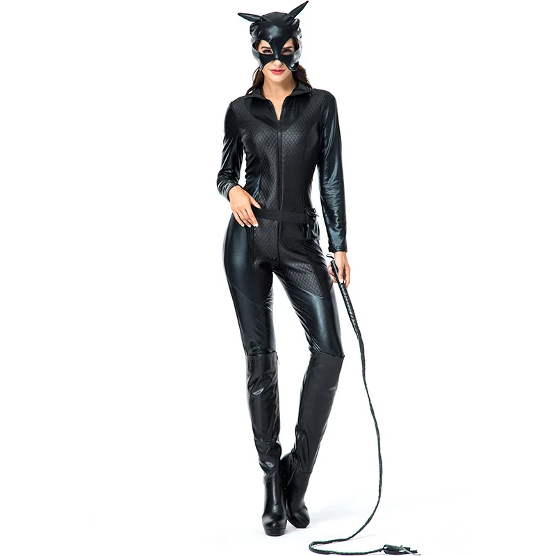 

Umorden Black Catwoman Costume Cosplay for Adult Women Feline Catsuit Bodysuit with Belt Mask Halloween Carnival Costumes Dress