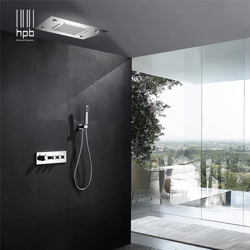 HPB wall mounted led 3 colors 3way rainfall waterfall shower faucets sets with thermostatic 3 function mixing valve 014-50x36P-N