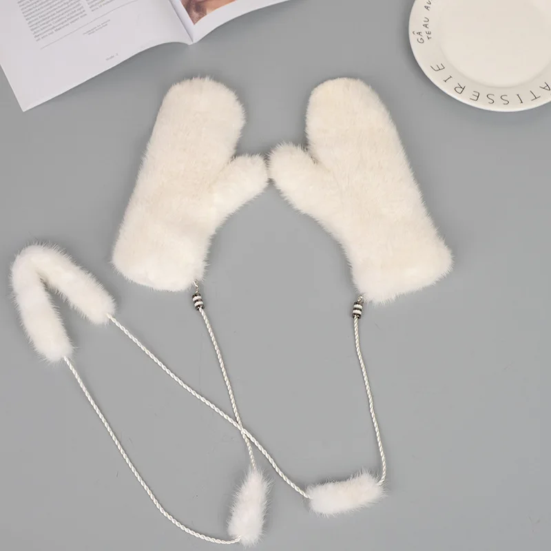 Mink Fur Orange Gloves Women Winter New Korean Version Of The Warm Cute Female Suede Weaving Fingers Fur Gloves - Цвет: white