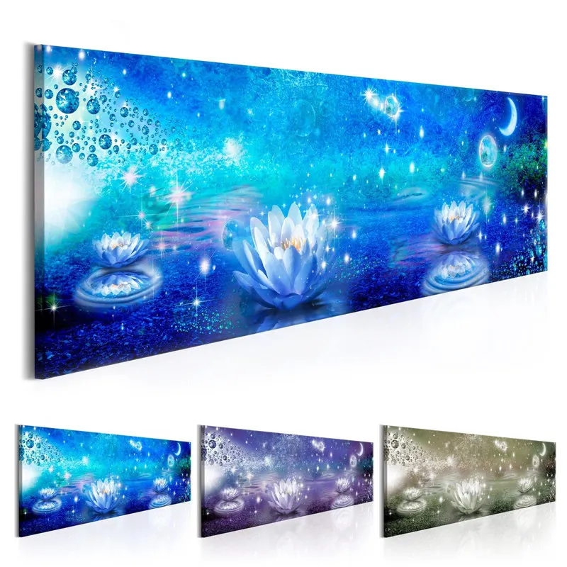 Lotus Flowers Wall Art Moon Prints Aquatic Plants Poster Bright Abstract Canvas Painting for Living Room Bedroom Home Decor | Дом и сад