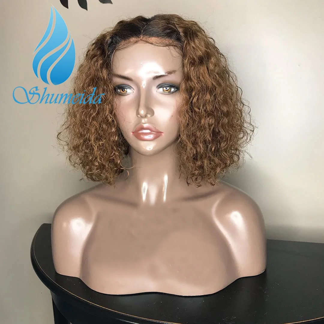 SHD Омбре коричневые парики с кружевом спереди с предварительно сорванными Remy человеческих волос бразильские кудрявые парики для черных женщин 130% отбеленные узлы