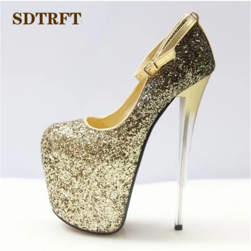 

SDTRFT Spring Gold Sliver Round Toe 20cm Thin High-Heeled Bling Sequins pumps woman wedding shoes Buckle Stilettos US16 17 18 19