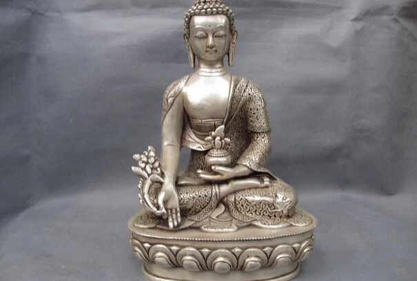 

Collectible bronze lion statue S1056 Tibet Buddhism Temple White Copper Silver Bhaisajyaguru Sakyamuni Buddha Statue (B0328)