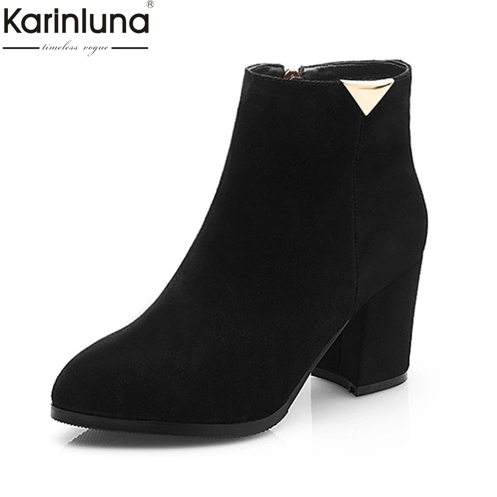 KarinLuna NEW brand cow suede leather black woman ankle boots fashion square High heels OL Party women's shoes booties KarinLuna NEW brand cow suede leather black woman ankle boots fashion square High heels OL Party women's shoes booties