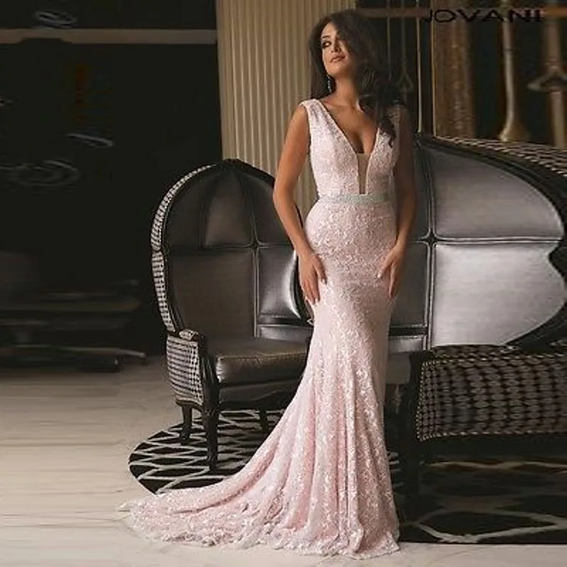 

Elegant Mermaid Long Prom Gowns Sash Beaded 2018 Pink Prom Gown Lace Backless Custom Made Sweep Train vestido de festa longo