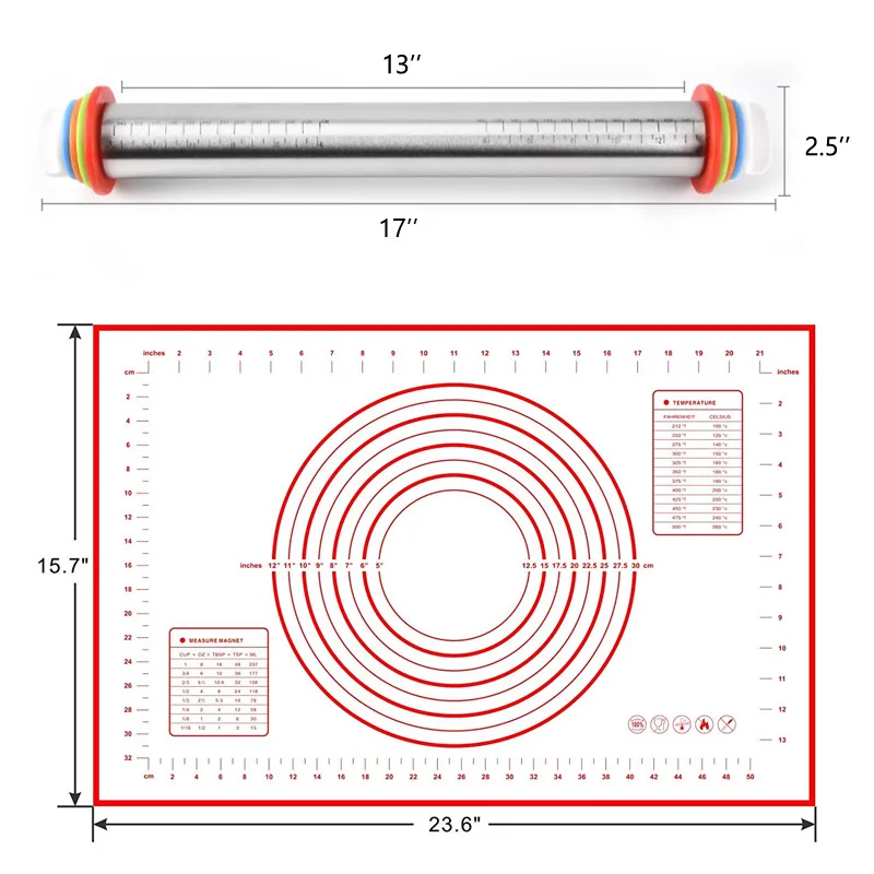 17 дюймов Скалка с тестом мат тесто ролик с 4 съемные регулируемые толщины кольца и кондитерские коврики для выпечки