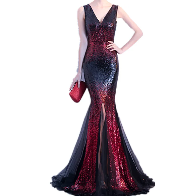

2019 new Korean fashion long deep V sequin fishtail show party dress dress female1920s retro style
