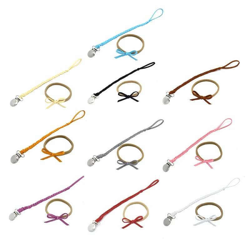 

Baby Infant Braided Faux Leather Pacifier Clips Holder Chain Strap+ Bow Headband