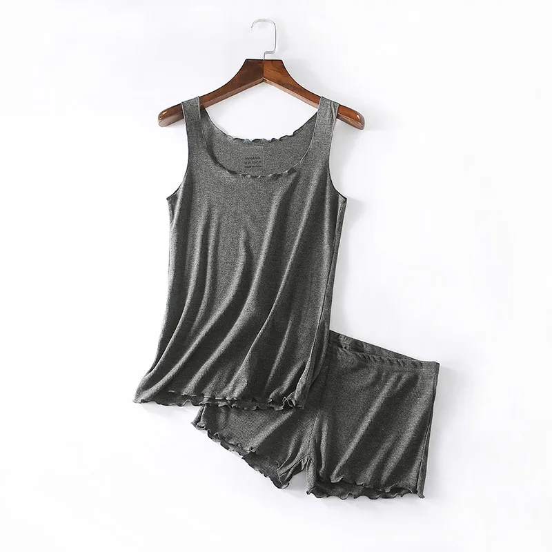 

2 Piece Set Women Grey Home Clothes Multicolor Sleeveless Vest Shorts Suit Elastic Ruched Homewear Two Piece Sets Ladies Outfits