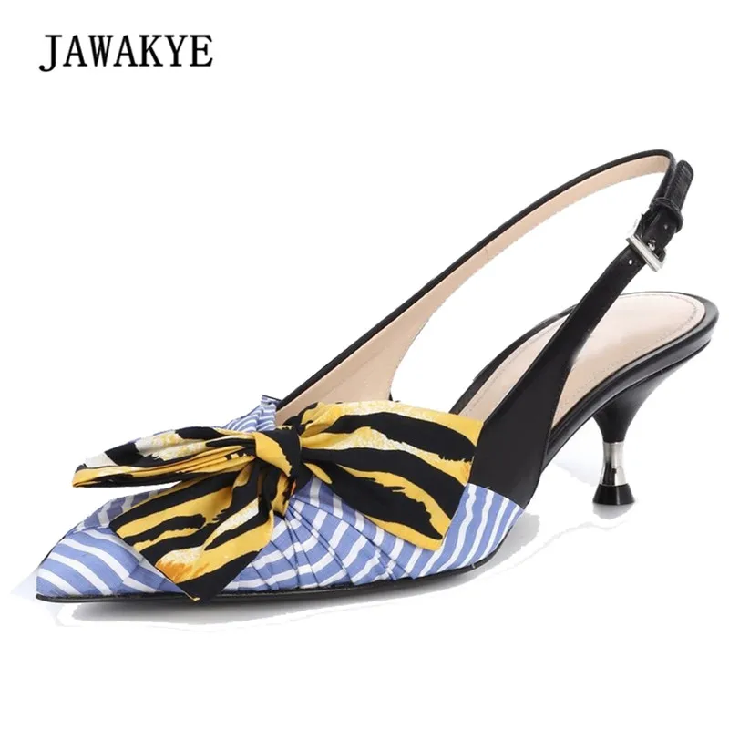 

2018 Chic Blue Striped Bow Gladiator Sandals Women Pointed Toe Mixed Color Low Heel Shoes Woman Wedding Shoes
