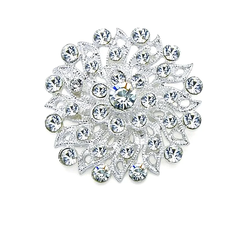 Sparkly Silver Tone Clear Rhinestone Crystal Diamante Small Flower Pin