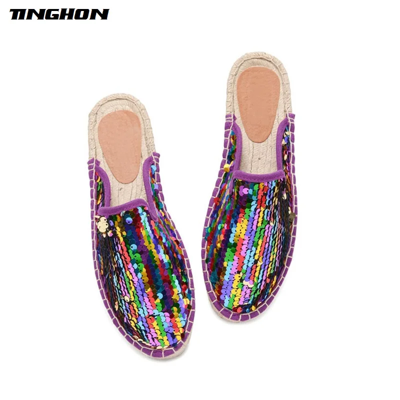 

TINGHON Fashion Women Ladies Espadrille Shoes Canvas Color Bling Bling Sequin Rome Ankle Strap Hemps Flats Shoes