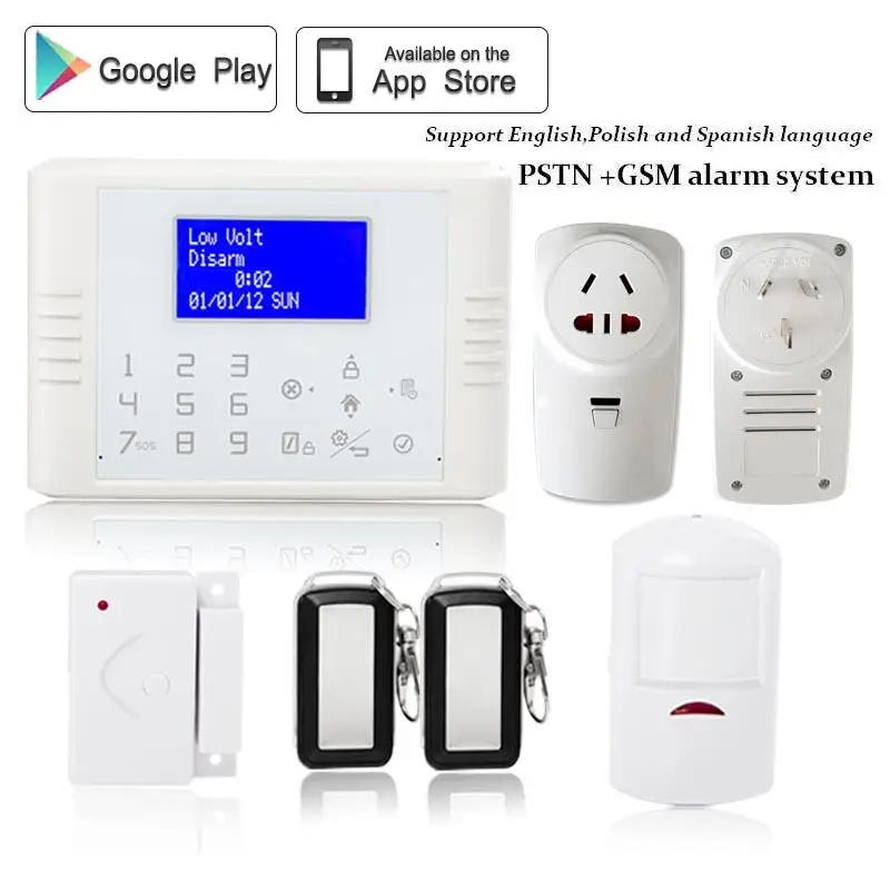 

English/Polish/Spanish/Russian Wireless PSTN GSM Alarm System home security kit SIM card with home appliance control socket