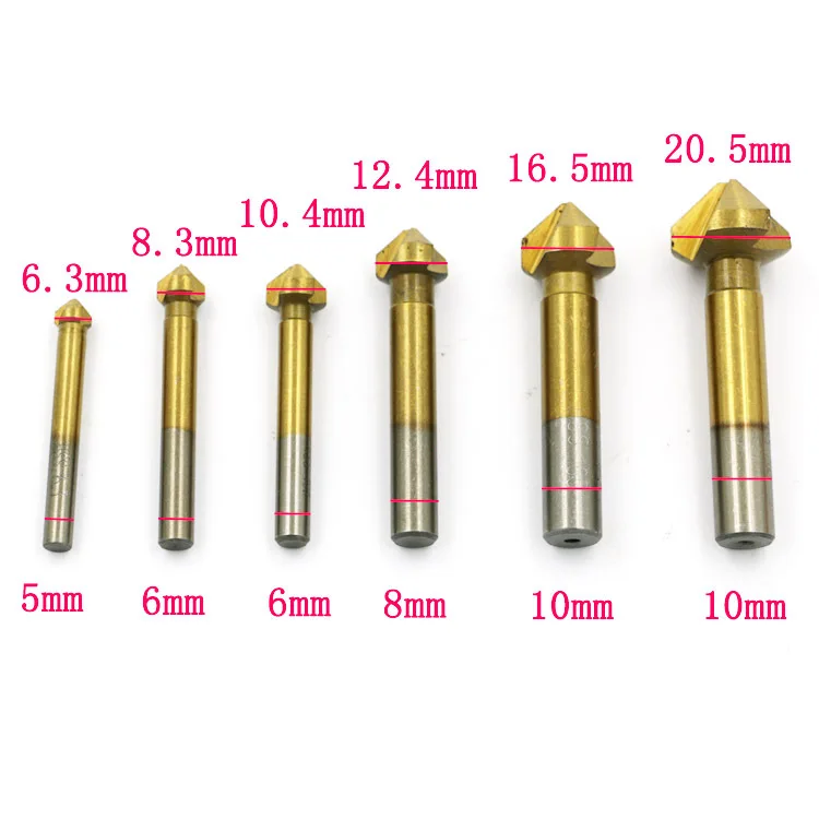 New 6pcs 90 Degree 3 flute Titanium Coated Chamfer Chamfering Edge Mill Cutter Wood Countersink Drill Drilling Bits Steel