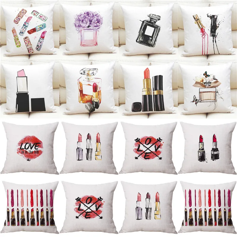 

New Fashion lipstick perfume Pillow Cover Cotton Linen Square Decorative Throw Pillow Case Cushion cover NO.5 printed lady gift