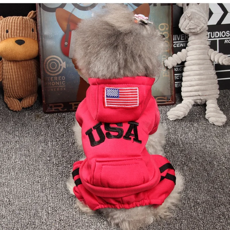 USA Flag Pet Dog Clothes Warm Fleece Costume Soft Puppy Coat Outfit For