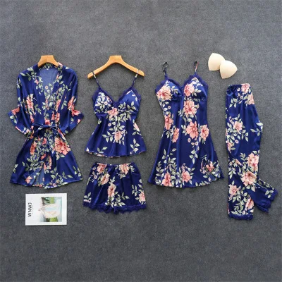 Daeyard Women's Pajamas Silk Floral Overall Print 5Pcs Pajama Set Satin Pyjamas Sexy Lingerie Lace Pijama Sleepwear Home Clothes - Color: navy blue 5pcs